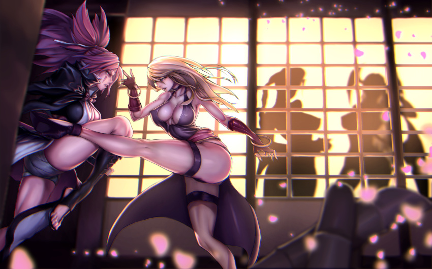 absurdres amputee backless_outfit baiken bare_shoulders battle belt blocking blonde_hair blue_eyes bonne_jenet bracelet braid breasts cherry_blossoms choker cleavage covered_nipples crimson_viper demon_girl dress facial_mark facial_tattoo fatal_fury fingerless_gloves gloves guilty_gear guilty_gear_xrd hair_tie halter_dress halterneck head_wings high_heels highres jacket_on_shoulders japanese_clothes jewelry kicking kimono large_breasts long_hair low_wings mark_of_the_wolves morrigan_aensland multiple_girls no_bra obi one-eyed open_clothes open_kimono panties pink_hair platinum_disco pompadour ponytail purple_dress red_eyes red_hair revealing_clothes sarashi sash scar scar_across_eye see-through_silhouette shadow sheath shouji silhouette sliding_doors street_fighter succubus sword tattoo thigh_strap thighs tied_hair underwear vampire_(game) weapon wings