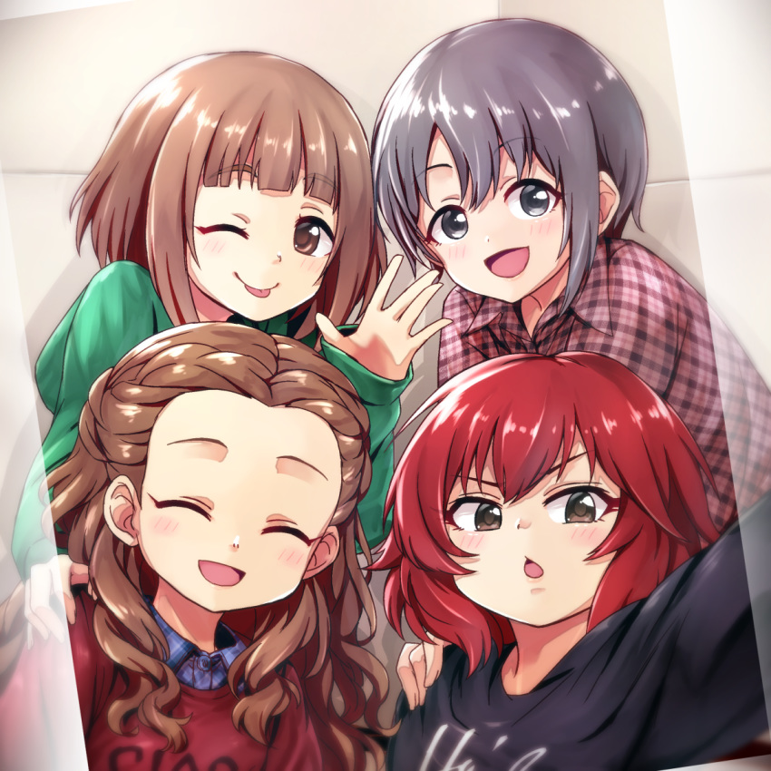 ;p black_eyes blush brown_eyes brown_hair commentary_request forehead frame gojarun grey_hair highres idolmaster idolmaster_cinderella_girls kitami_yuzu looking_at_viewer multiple_girls murakami_tomoe one_eye_closed open_mouth otokura_yuuki red_hair seki_hiromi short_hair smile tongue tongue_out