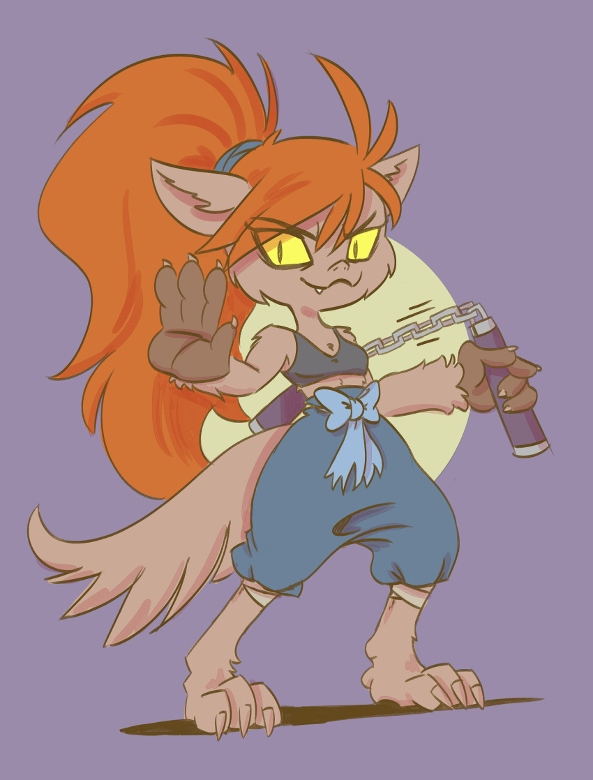 2016 3_toes 4_fingers anthro bra breasts canine claws clothing cosplay cute_fangs darkstalkers fangs female ghoul_school hair hi_res holding_object jon_talbain kythos long_hair looking_at_viewer mammal melee_weapon nunchaku orange_hair pants ponytail red_hair scooby-doo_(series) simple_background small_breasts smile solo sports_bra toe_claws toes underwear video_games weapon were werewolf winnie_werewolf yellow_sclera