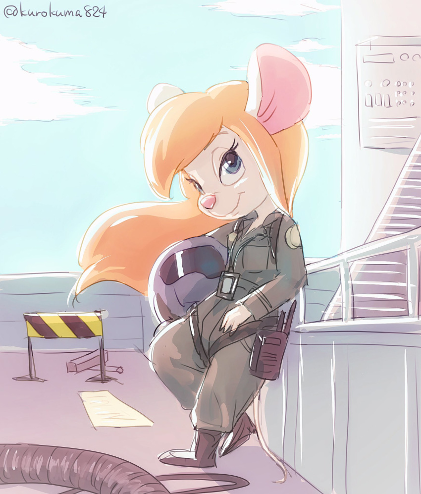 2016 armor blonde_hair blue_eyes chip_'n_dale_rescue_rangers clothed clothing colored_sketch disney female gadget_hackwrench hair helmet hi_res holding_object kurokuma824 long_hair looking_at_viewer mammal mouse outside pilot_uniform pink_nose rodent smile solo uniform walkie_talkie