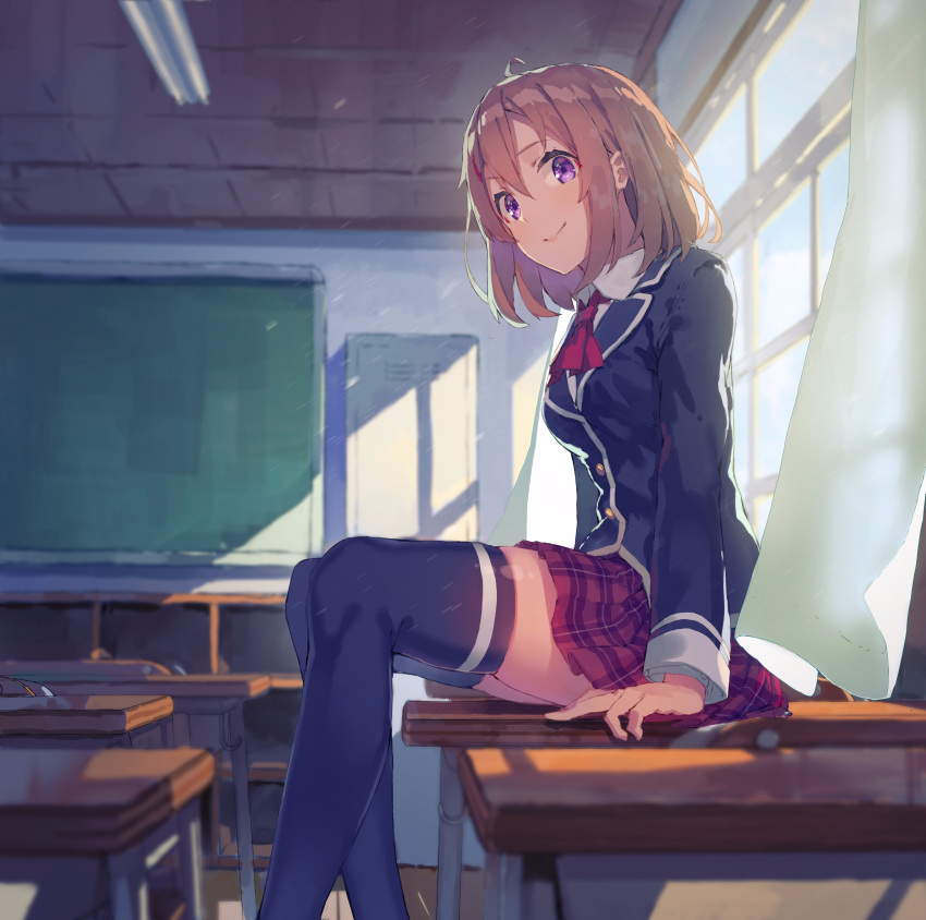 absurdres black_jacket black_legwear brown_hair classroom day desk hair_between_eyes highres indoors jacket kimi_to_yondome_no_gakuensai looking_at_viewer miniskirt pleated_skirt purple_eyes red_neckwear red_skirt school_desk school_uniform shirt short_hair sitting skirt smile solo thighhighs white_shirt window yasumo_(kuusouorbital) zettai_ryouiki