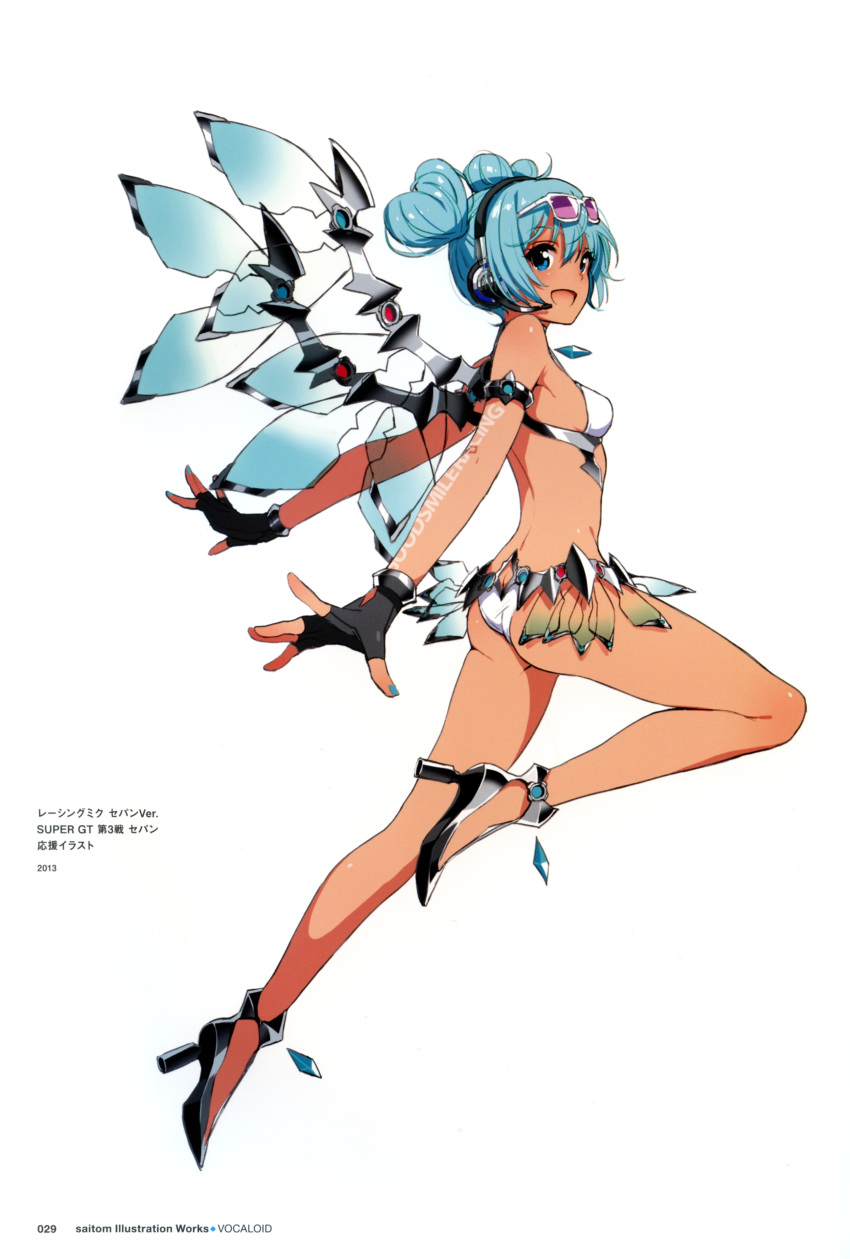 :d absurdres aqua_eyes aqua_hair ass bikini body_writing double_bun eyewear_on_head fingerless_gloves full_body gloves goodsmile_company goodsmile_racing hatsune_miku headphones headset high_heels highres long_hair looking_at_viewer mechanical_wings official_art open_mouth outstretched_arms race_queen racing_miku racing_miku_(2013) saitou_masatsugu shoes simple_background smile solo spread_arms sun_tattoo sunglasses swimsuit tan tanline transparent underwear vocaloid white_background white_bikini wings