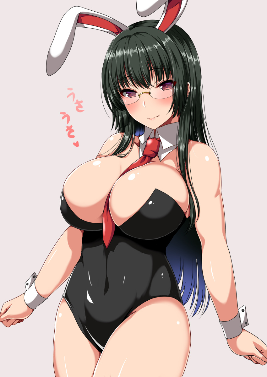 absurdres alternate_costume animal_ears ar_(lover_boy) arms_at_sides bangs bare_arms bare_shoulders between_breasts black_hair black_leotard blunt_bangs blush breasts bunny_ears bunny_girl bunny_tail bunnysuit choukai_(kantai_collection) cleavage closed_mouth commentary_request covered_navel cowboy_shot detached_collar eyebrows_visible_through_hair eyelashes fake_animal_ears glasses grey_background half-closed_eyes highleg highleg_leotard highres kantai_collection large_breasts legs_together leotard long_hair looking_at_viewer necktie necktie_between_breasts red_eyes red_neckwear rimless_eyewear simple_background smile solo standing strapless strapless_leotard tail translation_request wrist_cuffs