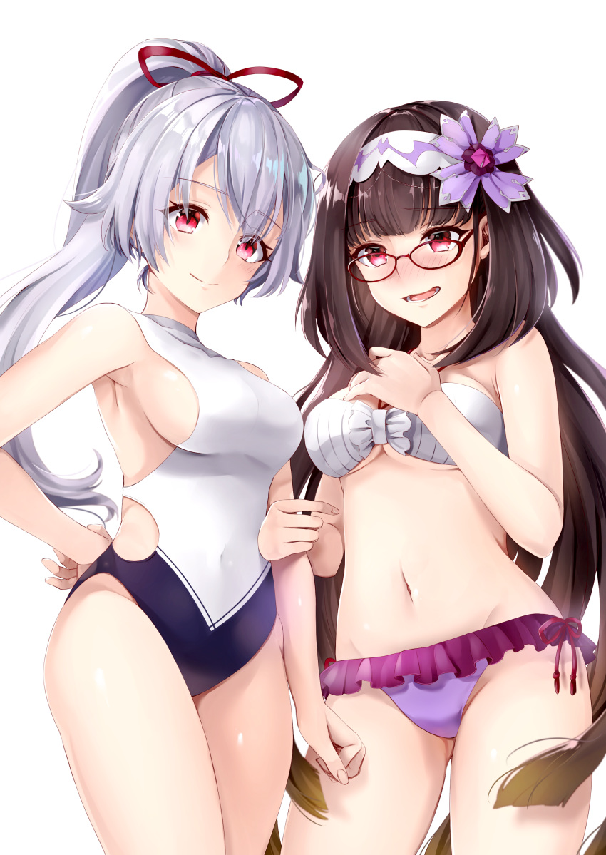 absurdres bikini black_hair breasts brown_hair closed_mouth cowboy_shot fate/grand_order fate_(series) glasses gradient_hair hairband hane_yuki highres long_hair looking_at_viewer low_twintails medium_breasts multicolored_hair multiple_girls navel nervous_smile one-piece_swimsuit osakabe-hime_(fate/grand_order) ponytail purple_eyes red_eyes sideboob silver_hair simple_background smile swimsuit tomoe_gozen_(fate/grand_order) twintails very_long_hair white_background