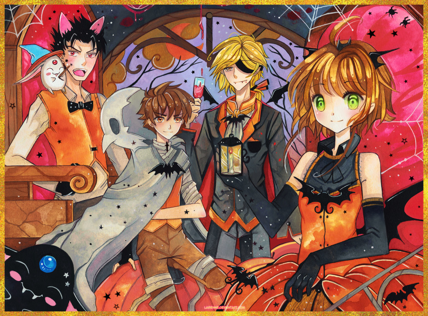 3boys alcohol alternate_eye_color animal_ears bandages bat black_gloves black_hair black_pants blonde_hair blush border bow bowtie breasts brown_hair brown_pants bug candle closed_mouth collared_shirt commentary cup dress drinking_glass elbow_gloves fangs fay_d_flourite fingerless_gloves fire ghost_costume gloves green_eyes halloween happy hat holding holding_cup holding_wand kurogane_(tsubasa_chronicle) larienne light_brown_hair long_sleeves looking_at_viewer looking_away mokona multiple_boys open_mouth orange_dress orange_eyes pants ponytail red_eyes sakura_hime shirt short_hair silk sitting small_breasts smile spider spider_web spiked_hair standing star sweater_vest throne tied_hair tsubasa_chronicle vampire_costume wand white_shirt wine witch_hat wolf_ears xiaolang yellow_border yellow_eyes