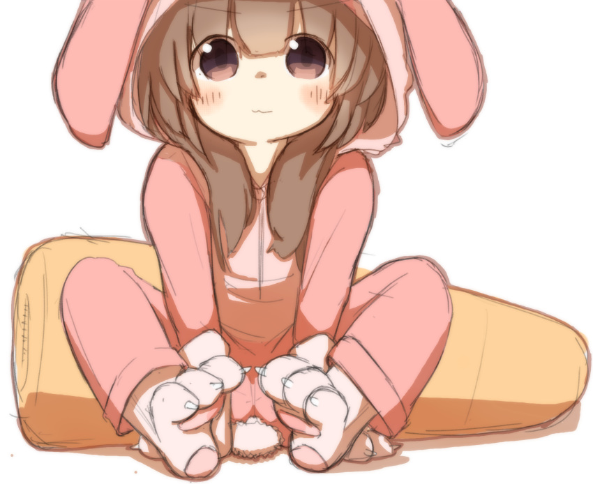 1girl :3 animal_ears blush brown_hair bunny_costume bunny_ears bunny_tail carrot claws eyebrows_visible_through_hair fake_animal_ears fake_tail female gloves highres hood long_sleeves looking_at_viewer original paw_gloves paw_shoes purple_eyes sitting smile solo spread_legs tail usichan