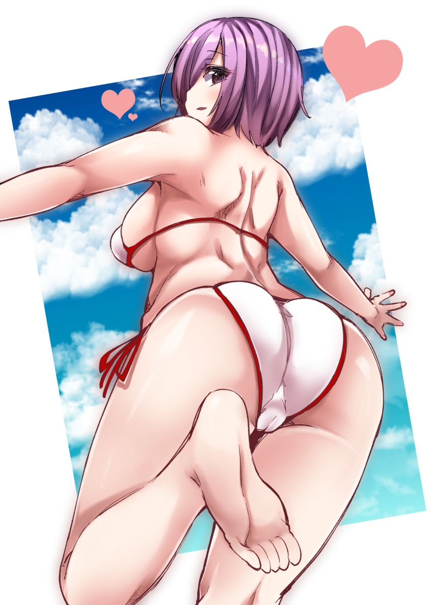 1girl ass barefoot bikini fate/grand_order feet highres lavender_eyes lavender_hair looking_at_viewer looking_back one_leg_raised parted_lips pov shielder_(fate/grand_order) sideboob soles toes