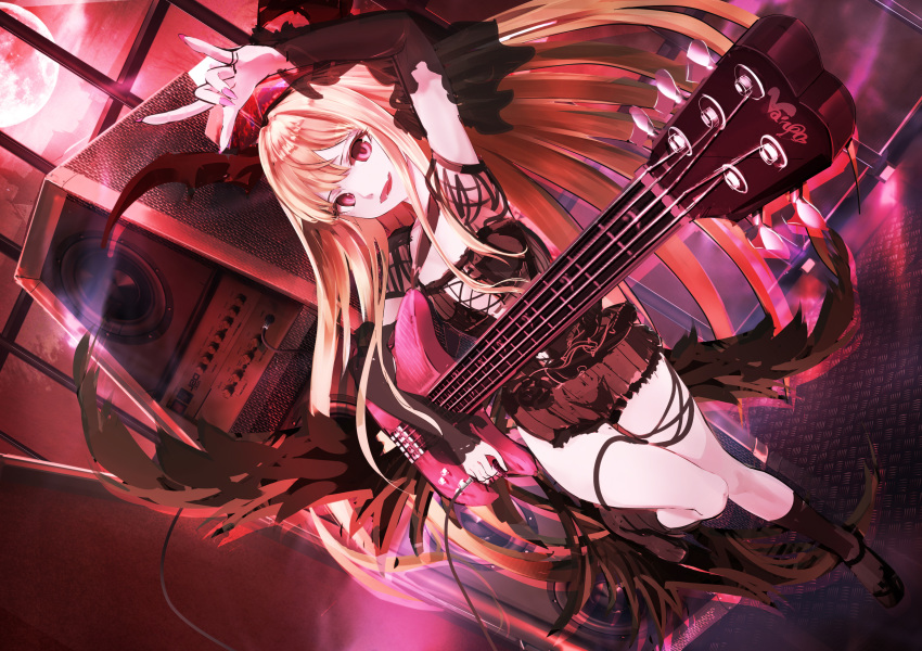 absurdres bass_guitar blonde_hair blush eyebrows_visible_through_hair highres holding holding_instrument instrument long_hair looking_at_viewer music open_mouth pianika playing_instrument red_eyes shadowverse smile solo vampy
