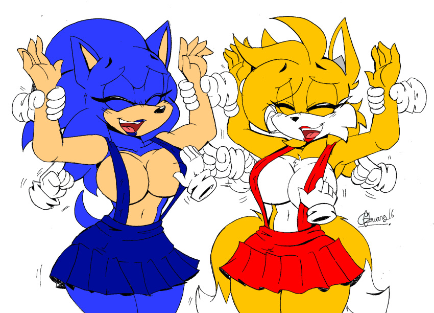 akatsukishiranui-fox anthro biped blue_fur breasts canine cleavage clothed clothing colored crossgender disembodied_hand duo_focus edit eyes_closed female fox friends fur grope group happy hedgehog laugh lipstick makeup mammal miles_prower multicolored_tail simple_background skirt smile sonic_(series) sonic_the_hedgehog standing tickling video_games white_background white_fur yellow_fur