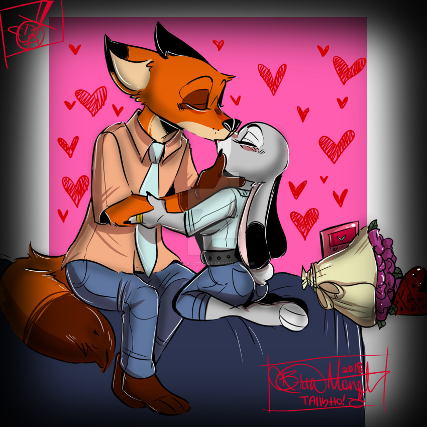 2018 anthro bed canine charlotteray clothing digital_media_(artwork) disney duo female fox fur hi_res holidays judy_hopps kissing lagomorph male male/female mammal nick_wilde rabbit valentine's_day zootopia