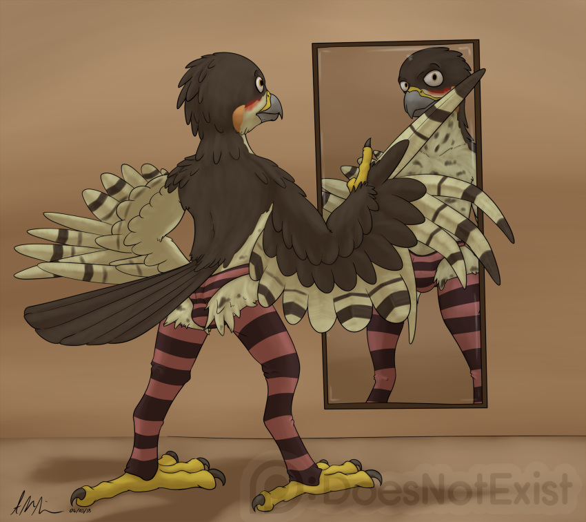 2018 anisodactyl anthro avian bird blush brown_feathers bulge caught claws clothed clothing digital_media_(artwork) feathered_wings feathers hawk hi_res legwear lief_woodcock looking_at_mirror looking_at_viewer male mirror panties patreon pose signature socks solo sparrowhawk standing stockings striped_legwear striped_panties striped_socks stripes tan_feathers theandymac topless underwear watermark wings