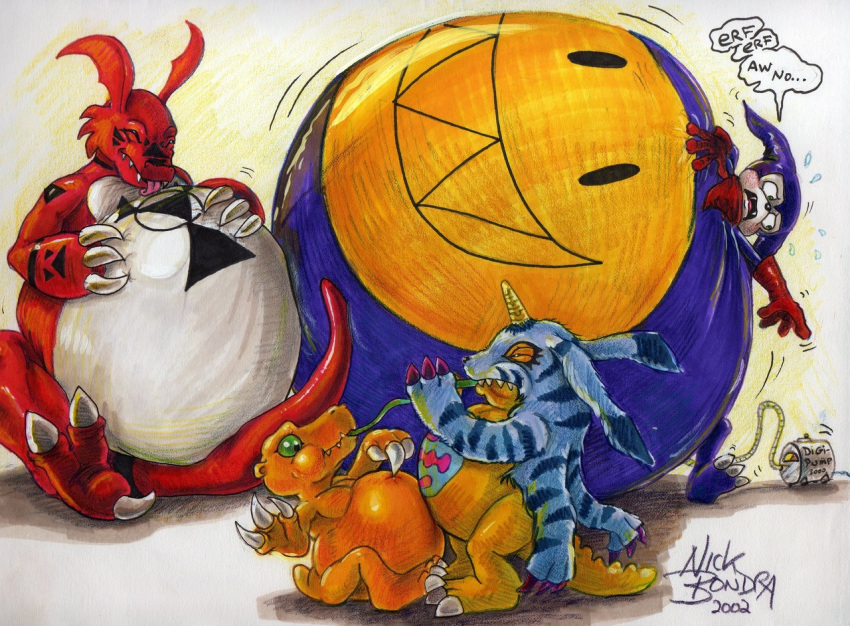 2002 agumon anthro belly belly_bump big_belly blue_fur digimon dinosaur fur gabumon green_eyes group guilmon hands_on_belly horn hyper hyper_belly impmon inflation nick_bondra overweight pump scalie simple_background tongue traditional_media_(artwork)