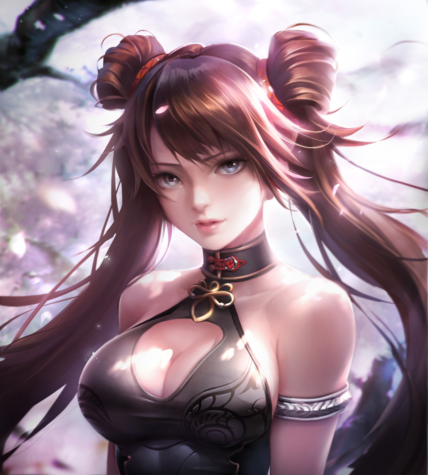 absurdres arm_strap bangs bare_shoulders black_eyes blurry blurry_background breasts brown_hair choker cleavage collarbone day dungeon_and_fighter fighter_(dungeon_and_fighter) flute_(artist) hair_ornament halterneck highres large_breasts lips long_hair looking_at_viewer nen_master_(dungeon_and_fighter) outdoors parted_lips petals solo tree twintails upper_body wind
