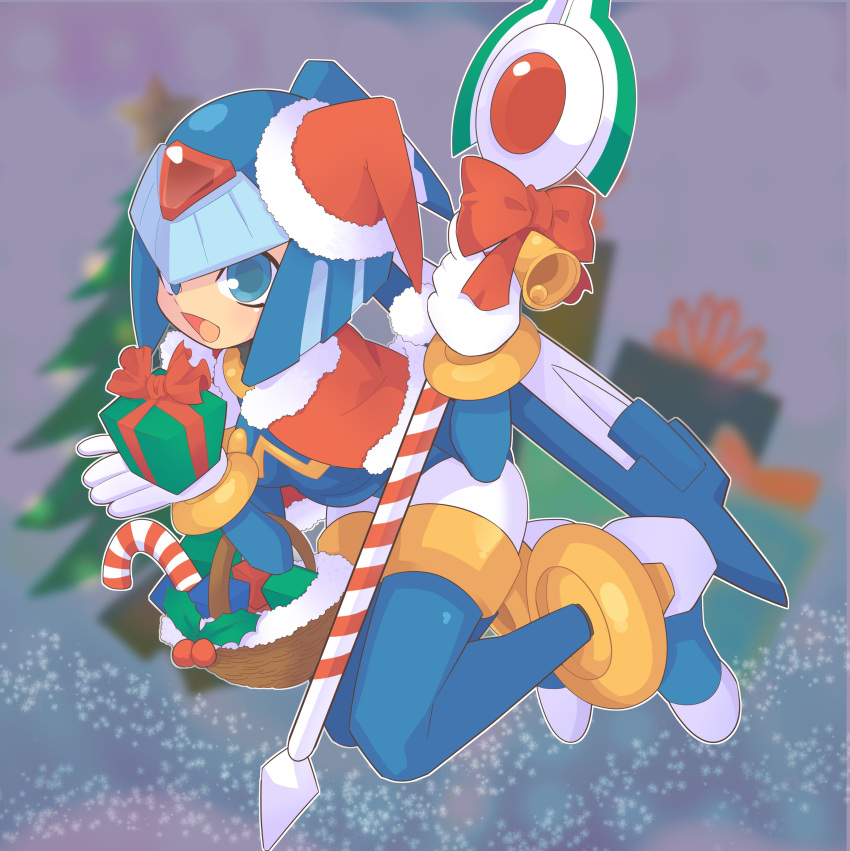 absurdres android basket bell blue_eyes bodysuit bow box bracelet candy candy_cane capcom capelet christmas christmas_tree commentary_request daisuke_621 food full_body gift gift_box gloves hat helmet high_heels highres holding jewelry leviathan_(rockman) open_mouth polearm red_bow red_capelet ribbon rockman rockman_zero santa_hat smile solo spear weapon white_gloves