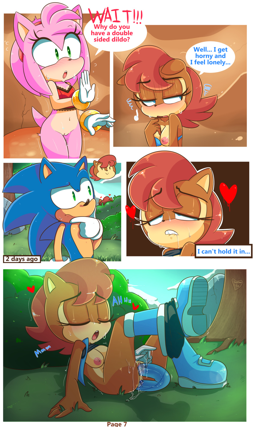 &lt;3 2018 amy_rose anthro anus blue_eyes blush bottomless breasts brown_fur brown_hair chipmunk cleavage clothed clothing comic dialogue dildo double_dildo english_text eyes_closed female female/female fur gloves green_eyes hair hearlesssoul hedgehog hidden legs_up mammal navel nipples open_mouth partially_clothed penetration pink_fur pink_hair public_masturbation pussy pussy_juice pussy_juice_drip red_hair rodent saliva sally_acorn sex sex_toy sonic_(series) sonic_the_hedgehog spread_legs spreading sweat text tongue tongue_out undressing vaginal vaginal_penetration