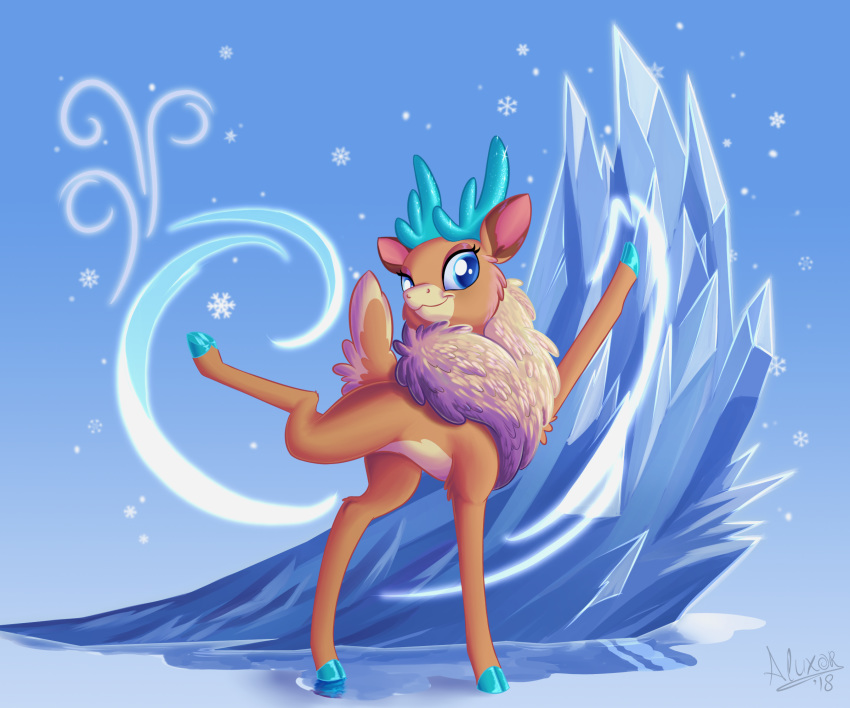 2018 antlers blue_eyes cervine digital_media_(artwork) eyelashes female feral hi_res hooves horn ice mammal neck_tuft reindeer sirzi smile snow snowflake solo them's_fightin'_herds tuft velvet_reindeer_(tfh)