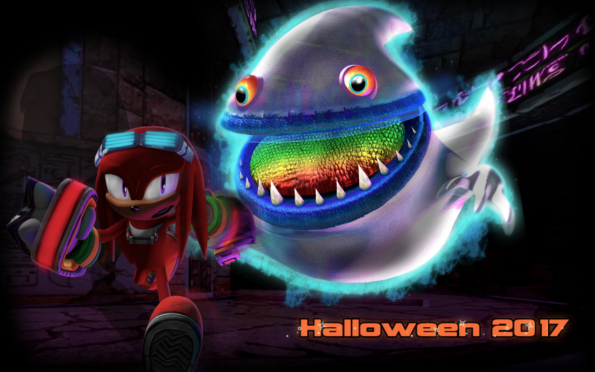 2000s blue_goggles echidna egyptian ghost glowing mammal markings monotreme nibroc-rock orange_eyes purple_eyes purple_markings rainbow_tongue scared sonic_(series) sonic_adventure_2 spirit