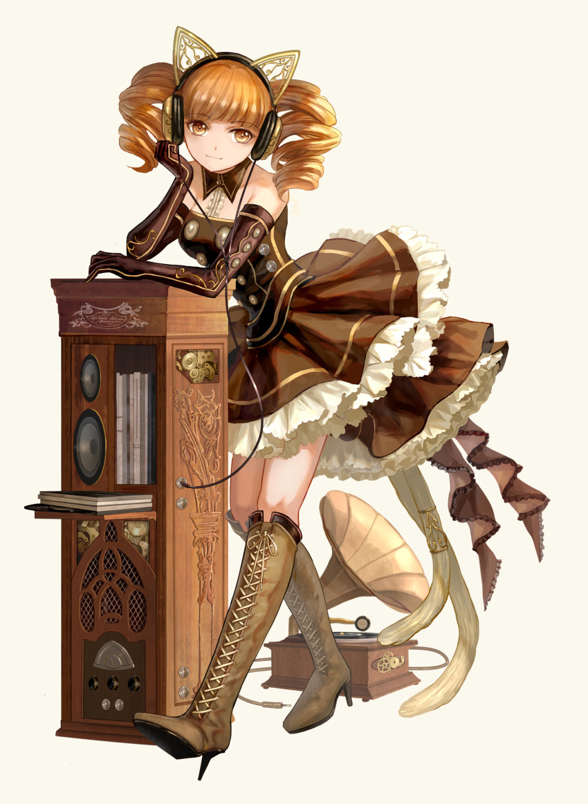 animal_ears blonde_hair boots cross-laced_footwear detached_collar dress elbow_gloves fake_animal_ears frilled_dress frills gloves head_rest headset high_heels highres keiko_(mitakarawa) knee_boots lace-up_boots leaning_forward light_smile long_hair looking_at_viewer looking_to_the_side original phonograph simple_background steampunk twintails white_background yellow_eyes