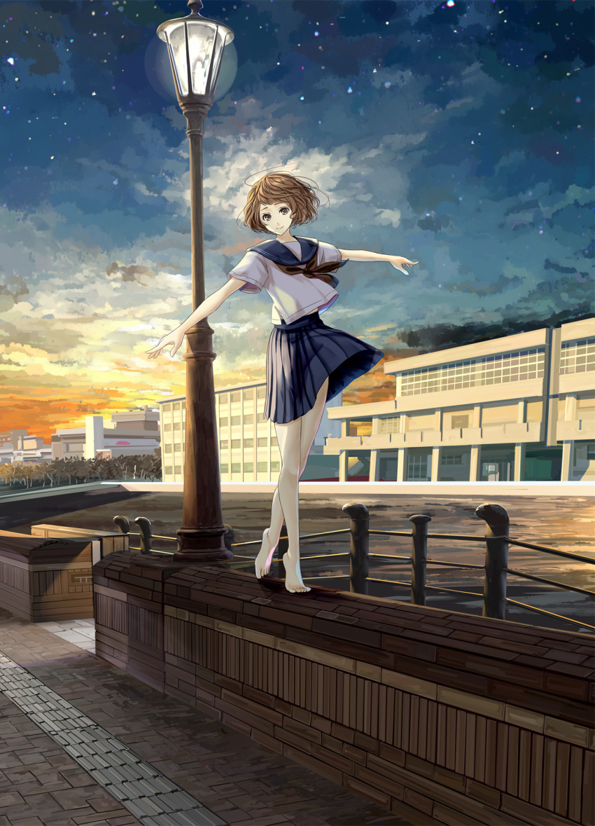 balancing bangs bare_legs barefoot black_neckwear black_skirt blue_sailor_collar brown_eyes brown_hair building chef_no_kimagure_salad city closed_mouth cloud commentary gradient_sky highres kimi_o_wasurenai_tame_no_itsutsu_no_omoide lamppost looking_at_viewer morning neckerchief official_art outstretched_arms pleated_skirt railing sailor_collar school school_uniform serafuku shirt short_hair short_sleeves sidewalk skirt sky smile solo spread_arms star_(sky) starry_sky sunrise tiptoes twilight walking white_shirt