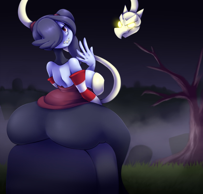 2017 arm_warmers armwear big_breasts big_butt blue_hair blue_skin breasts butt clothed clothing dragon duo elfdrago female glowing glowing_eyes grass hair hair_over_eye hi_res huge_butt humanoid leviathan_(skullgirls) looking_at_viewer looking_back male night not_furry rear_view red_eyes sitting skull skullgirls sky smile solo_focus squigly stitches tree undead video_games yellow_eyes zombie