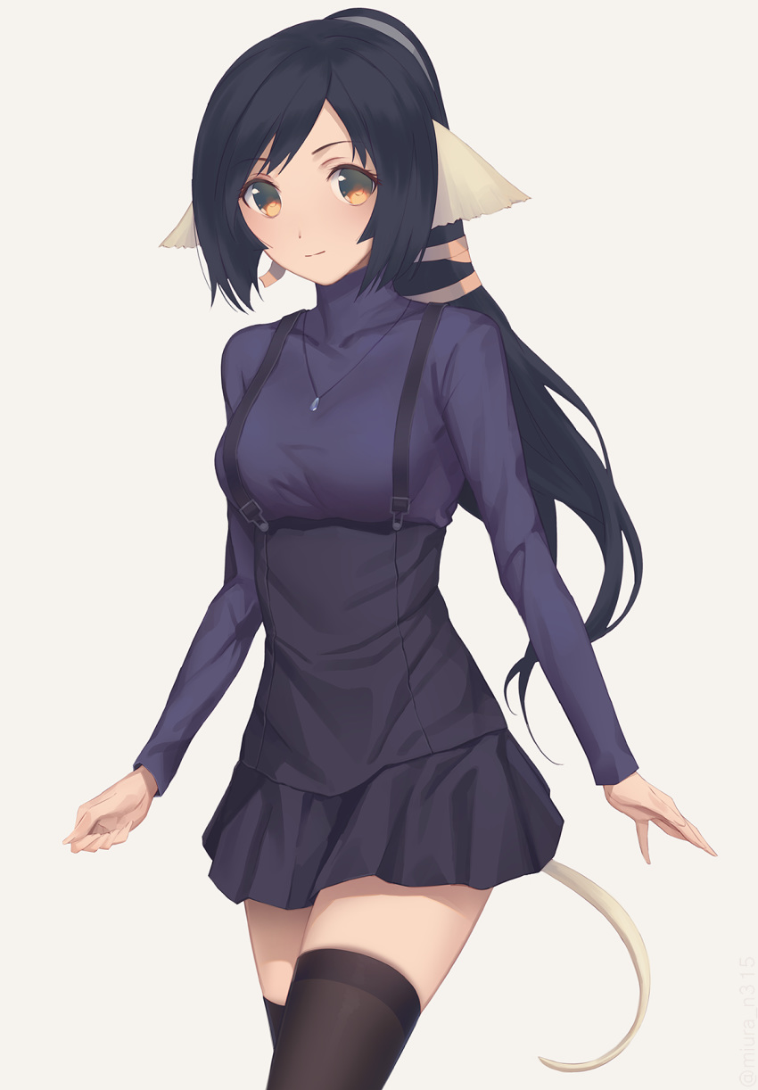 animal_ears arms_at_sides black_hair black_legwear black_shirt black_skirt blush breasts brown_eyes collarbone commentary cowboy_shot eyebrows_visible_through_hair grey_background hair_ornament high-waist_skirt highres jewelry kuon_(utawareru_mono) long_hair long_sleeves looking_at_viewer medium_breasts miura-n315 necklace pendant ponytail shirt simple_background skirt solo standing suspender_skirt suspenders tareme thighhighs utawareru_mono utawareru_mono:_itsuwari_no_kamen zettai_ryouiki