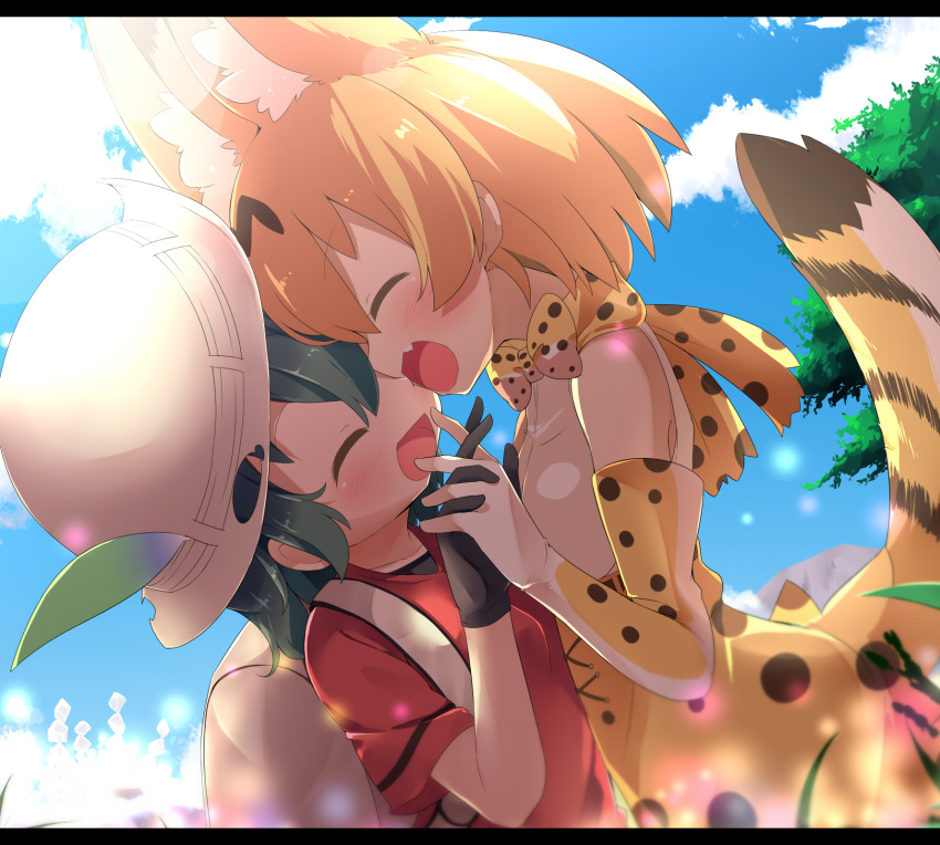 :d ^_^ animal_ears backlighting backpack bag black_gloves black_hair blonde_hair blue_sky blush bow bowtie closed_eyes cloud commentary day elbow_gloves extra_ears fang forehead-to-forehead frame gloves hair_between_eyes hands_together hat_feather high-waist_skirt highres interlocked_fingers kaban_(kemono_friends) kemono_friends lens_flare makuran multicolored multicolored_clothes multicolored_gloves multicolored_neckwear multiple_girls open_mouth outdoors print_gloves print_neckwear print_skirt red_shirt sandstar serval_(kemono_friends) serval_ears serval_print serval_tail shirt short_hair short_sleeves skirt sky sleeveless sleeveless_shirt smile sunlight t-shirt tail tree white_gloves white_neckwear yellow_gloves yellow_neckwear