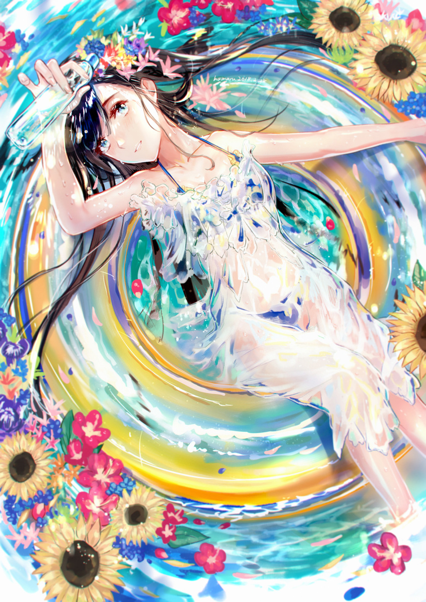 arm_up bikini black_hair blue_bikini blue_eyes bottle breasts cleavage collarbone day dress flower from_above hair_flower hair_ornament hamaru_log highres holding holding_bottle innertube long_hair lying medium_breasts moe2018 on_back original outdoors ramune see-through shiny shiny_skin sleeveless sleeveless_dress solo strapless strapless_dress sunflower swimsuit twintails very_long_hair white_dress