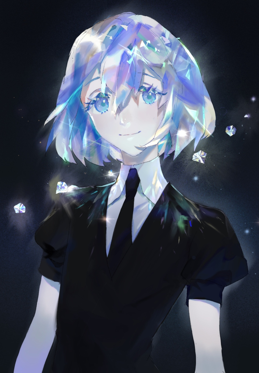 blue_eyes blue_hair blush diamond_(houseki_no_kuni) dress houseki_no_kuni short_hair smile tie