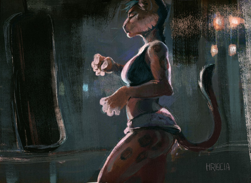 anthro backlit bottomless boxing clothed clothing eyes_closed feline female hriscia leopard mammal paws simple_background solo sport traditional_media_(artwork) whiskers