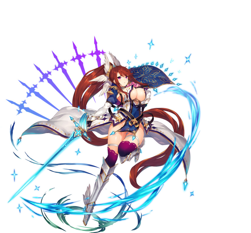 absurdly_long_hair ass_visible_through_thighs awakening_(sennen_sensou_aigis) belt boots breasts brown_hair cape cleavage cleavage_cutout elbow_gloves epaulettes eyebrows_visible_through_hair feathers full_body gloves glowing glowing_weapon hair_ornament high_heels highres holding holding_weapon inayama ingrid_(sennen_sensou_aigis) large_breasts leg_up long_hair no_panties official_art pelvic_curtain ponytail purple_eyes purple_legwear sennen_sensou_aigis solo sword thigh_boots thighhighs transparent_background very_long_hair weapon