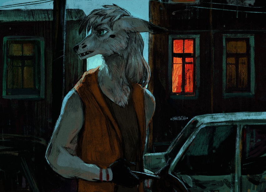 anthro canine car clothed clothing dusk fur green_eyes houses hriscia male mammal solo vehicle white_fur wolf