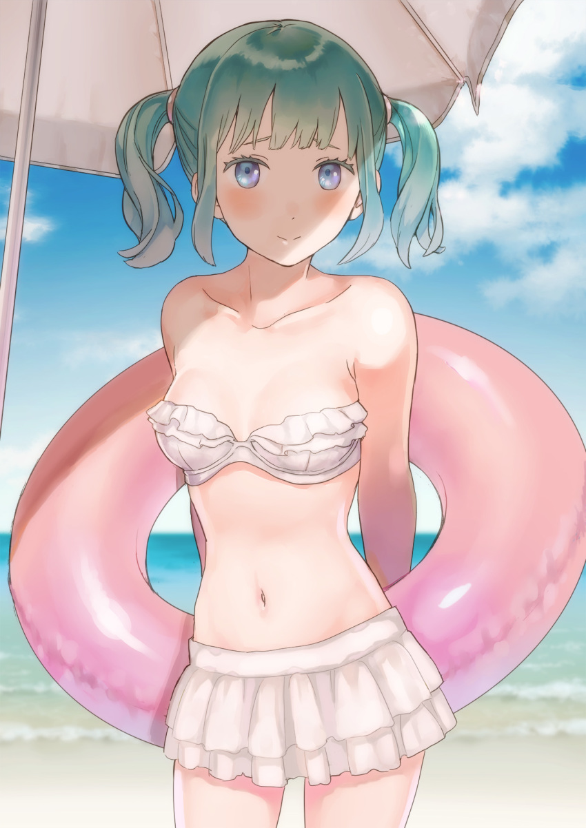 arms_behind_back bandeau beach bikini bikini_skirt blue_eyes blue_sky blush breasts cleavage cloud collarbone cowboy_shot day frilled_bikini frills green_hair hair_ornament highres holding innertube layered_skirt long_hair looking_at_viewer mameshiba_(pixiv12858307) medium_breasts moe2018 navel ocean original outdoors skirt sky smile solo standing strapless strapless_bikini swimsuit twintails white_bikini white_skirt