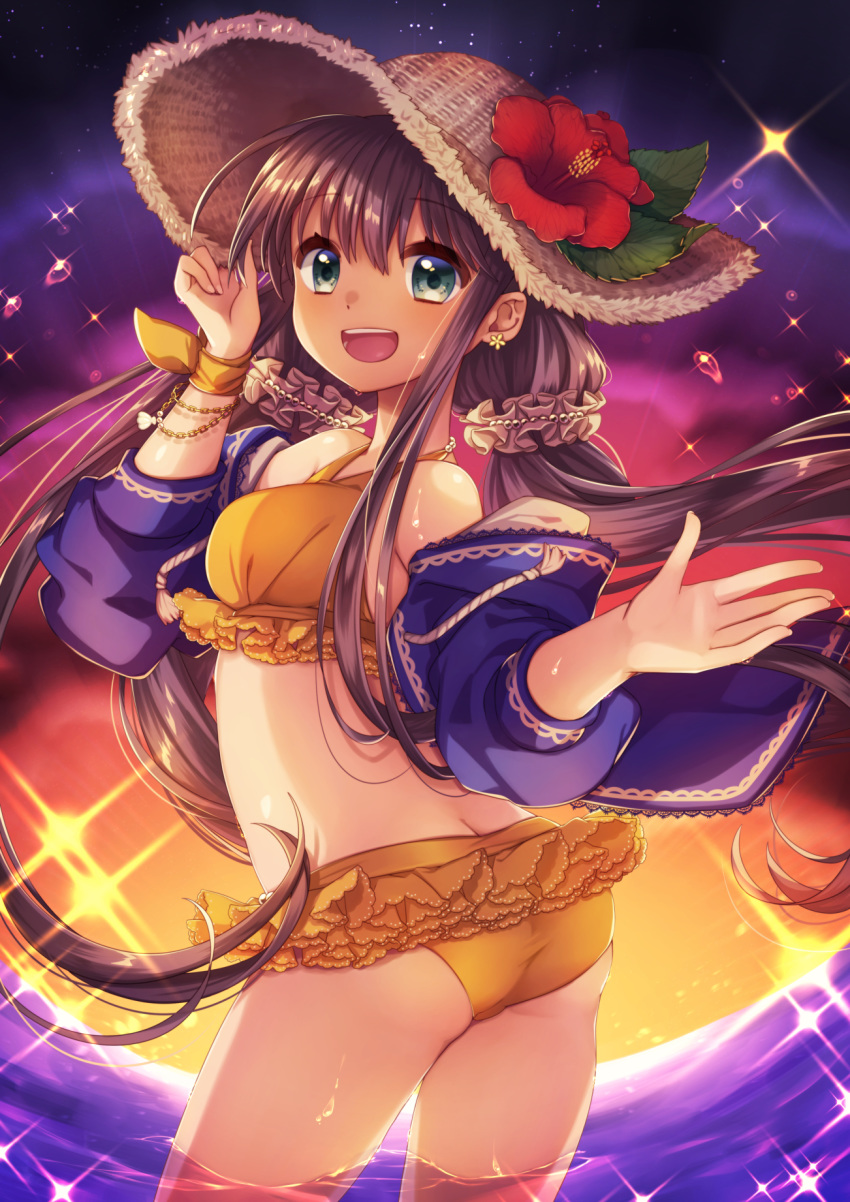:d ass bikini blue_jacket breasts brown_hair brown_hat brown_scrunchie cowboy_shot eyebrows_visible_through_hair floating_hair flower green_eyes hair_between_eyes hair_ornament hair_scrunchie hand_on_headwear hat hat_flower hibiscus highres huziimiyuu jacket long_hair looking_at_viewer looking_back medium_breasts moe2018 night off_shoulder open_mouth original outdoors red_flower ribbon scrunchie shiny shiny_skin sky smile solo standing star_(sky) starry_sky straw_hat swimsuit twintails very_long_hair water wrist_ribbon yellow_bikini