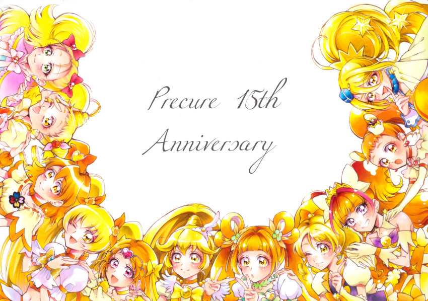 :d :o ;d amanogawa_kirara animal_ears anniversary arisugawa_himari bangs blonde_hair blue_hat blunt_bangs bow choker circlet closed_mouth color_connection copyright_name cure_custard cure_etoile cure_honey cure_lemonade cure_muse_(yellow) cure_peace cure_pine cure_rosetta cure_sunshine cure_twinkle dokidoki!_precure double_bun drill_hair everyone extra_ears flower food_themed_hair_ornament fresh_precure! frills futari_wa_precure futari_wa_precure_max_heart garrison_cap gloves go!_princess_precure green_eyes green_neckwear grin hair_between_eyes hair_bow hair_color_connection hair_flaps hair_flower hair_intakes hair_ornament hair_rings hand_on_another's_shoulder happinesscharge_precure! hat heart heart_hair_ornament heartcatch_precure! highres hugtto!_precure kagayaki_homare kasugano_urara_(yes!_precure_5) kirakira_precure_a_la_mode kise_yayoi kujou_hikari long_hair magical_girl midriff mikan_(mikataaaa) multicolored_hair multiple_girls myoudouin_itsuki one_eye_closed oomori_yuuko open_mouth orange_bow orange_eyes orange_hair orange_neckwear ponytail precure puffy_sleeves purple_eyes red_bow red_hair shiny_luminous shirabe_ako side_ponytail simple_background smile smile_precure! squirrel_ears star star_hair_ornament streaked_hair suite_precure twin_drills twintails two-tone_hair upper_body v white_background white_bow white_gloves wrist_cuffs yamabuki_inori yellow_bow yellow_eyes yellow_neckwear yes!_precure_5 yotsuba_alice