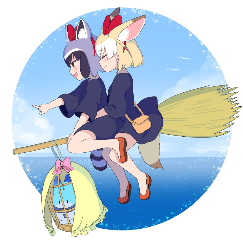 :d ^_^ alternate_costume ancolatte_(onikuanco) animal_ears black_hair black_robe blonde_hair bow broom broom_riding brown_eyes cage closed_eyes commentary common_raccoon_(kemono_friends) cosplay extra_ears fennec_(kemono_friends) flying food fox_ears gloves grey_gloves hair_bow hairband highres hug hug_from_behind kemono_friends kiki kiki_(cosplay) lucky_beast_(kemono_friends) majo_no_takkyuubin multicolored_hair multiple_girls multiple_riders open_mouth pointing pun raccoon_ears raccoon_tail red_footwear short_hair smile striped_tail tail white_hair