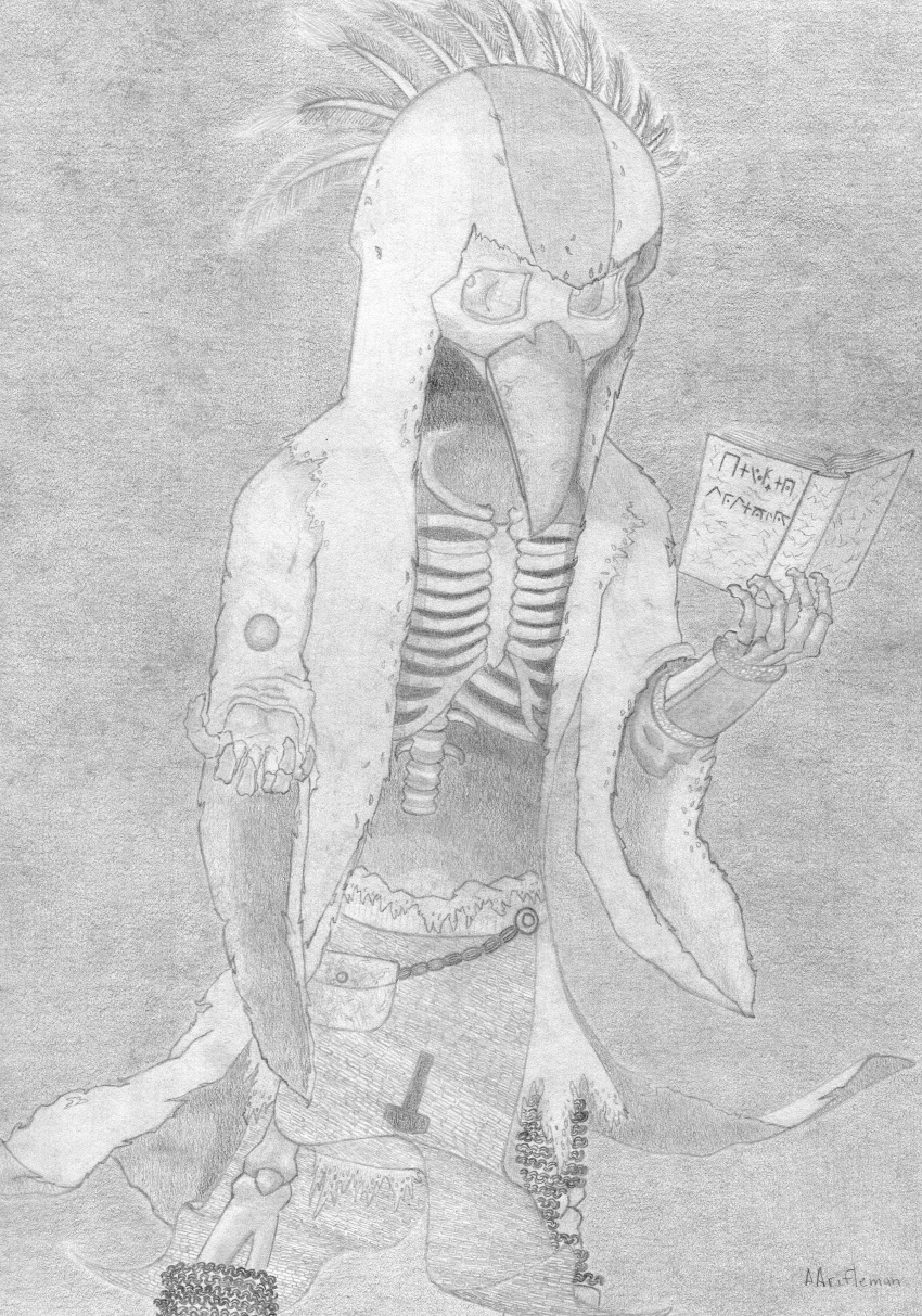 aarifleman arm_guards armor avian beak bird bone book chainmail clothed clothing feathers foth humanoid looking_at_viewer monochrome orb partially_clothed rib_cage robe shaded undead