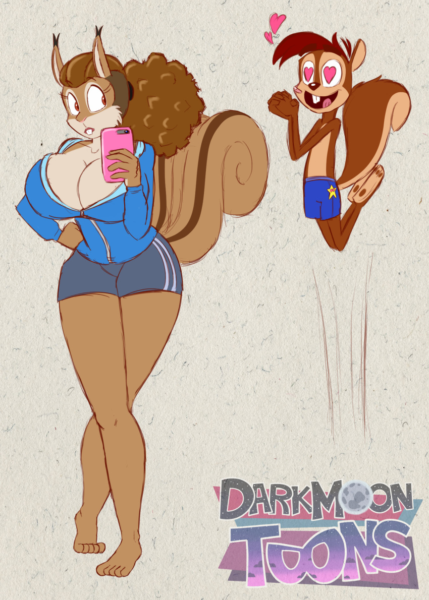 &lt;3 2017 big_breasts breasts brown_eyes buckteeth cellphone chipmunk cleavage clothed clothing darkmoontoons female hair kyle_hazelnut male mammal moore_bonnet_(hidden) phone red_hair rodent shorts size_difference squirrel teeth thick_thighs topless wide_hips