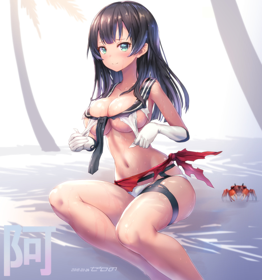 agano_(kantai_collection) aqua_eyes artist_name bangs bare_legs bare_shoulders beach bikini_bottom black_hair black_neckwear blunt_bangs blush breasts cleavage closed_mouth collarbone crab dated day elbow_gloves feet_out_of_frame gloves highres kantai_collection large_breasts long_hair looking_at_viewer navel neckerchief outdoors palm_tree sand sarong shade shiny shiny_skin shirt signature sitting smile solo stomach straight_hair thigh_strap thighs torn_clothes torn_sarong torn_shirt tree water wet white_bikini_bottom white_gloves zerono_hazumi