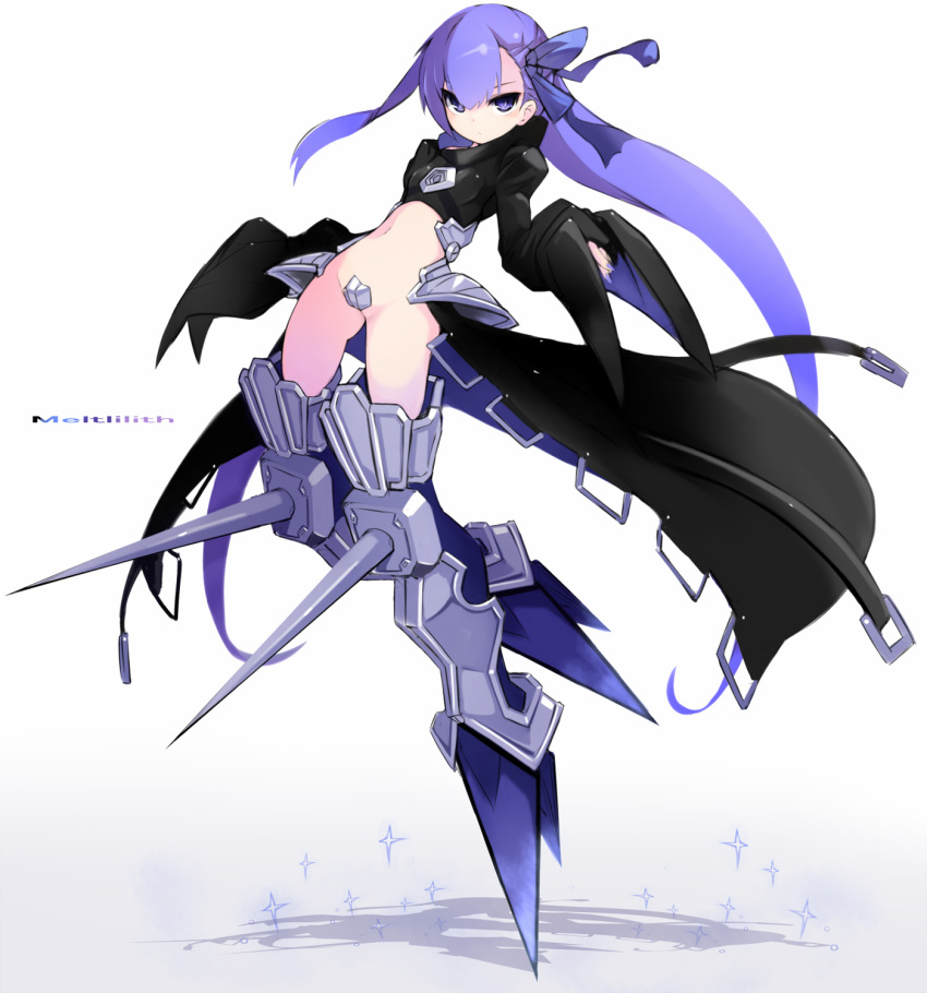 armor armored_boots black_coat blue_ribbon boots commentary_request crotch_plate fate/extra fate/extra_ccc fate_(series) hair_ribbon highres juliet_sleeves karukan_(monjya) long_hair long_sleeves looking_at_viewer meltlilith navel puffy_sleeves purple_hair revealing_clothes ribbon sleeves_past_wrists solo spikes very_long_hair