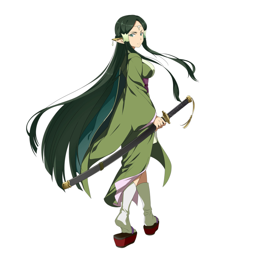 10s 1girl black_hair breasts cleavage elf full_body green_eyes highres holding holding_sword holding_weapon japanese_clothes katana kimono long_hair obi official_art platform_clogs pointy_ears sakuya_(sao) sandals sash simple_background solo sword sword_art_online sword_art_online:_code_register tabi upscaled very_long_hair weapon white_background yukata