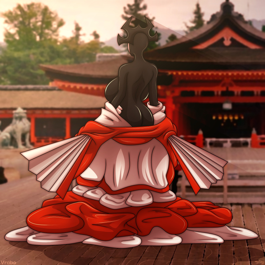 2018 big_breasts black_skin breasts butt clothing dress fan_character fans female huge_breasts hyper hyper_breasts invalid_tag japanese japanese_clothing kimono machine mask matar outside presenting rear_view robot samurai_jack side_boob standing vrabo