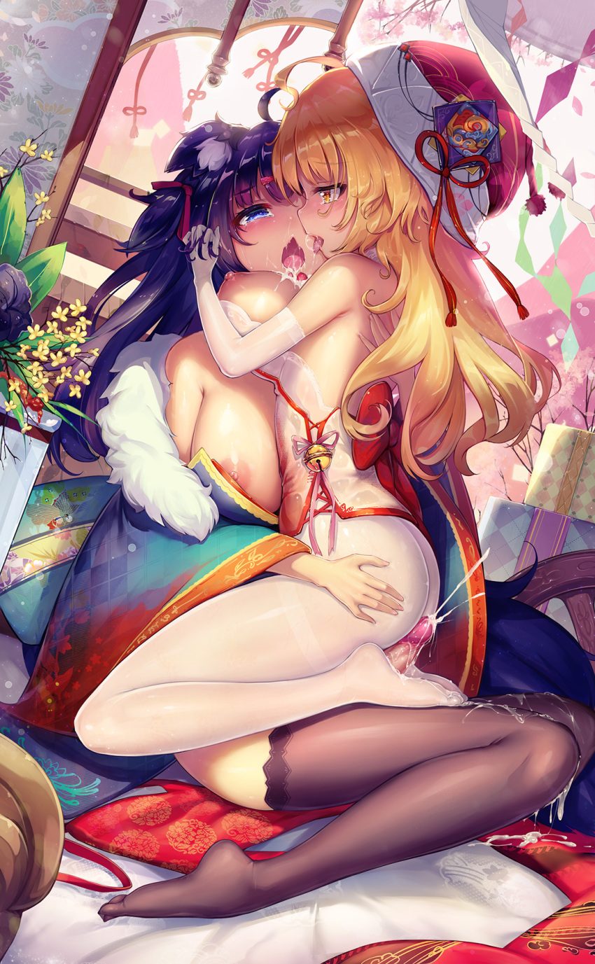 2girls animal_ears areolae bare_shoulders black_legwear blonde_hair blue_eyes blush breasts bustier cum cum_on_clothes cum_on_feet dk.senie ejaculation elbow_gloves erection feet food footjob fruit futanari gloves hair_ribbon hat highres hug japanese_clothes kimono kiss large_breasts long_hair looking_at_another multiple_girls nipples no_shoes off_shoulder open_mouth original pantyhose penis purple_hair ribbon sitting sitting_on_person strawberry tears thighhighs tongue tongue_out white_legwear yellow_eyes