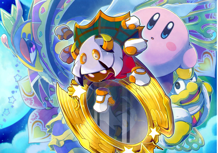 commentary_request crown extra_arms fangs fur_trim heart horns king_dedede kirby kirby:_star_allies kirby:_triple_deluxe kirby_(series) medium_hair mirror moon official_art open_mouth pink_skin queen_sectonia reflection scarf silver_hair star taranza