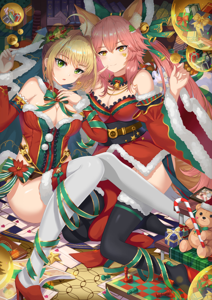 absurdres animal_ears bell black_legwear blonde_hair blush bow breasts candy candy_cane chess_piece chessboard christmas cleavage closed_mouth envelope eyebrows_visible_through_hair fate/extra fate/grand_order fate_(series) food fox_ears fox_tail gift green_bow green_eyes green_ribbon hair_ornament hat heart high_heels highres hongse_beiyu large_breasts long_hair looking_at_another looking_at_viewer multiple_girls nero_claudius_(bride)_(fate) nero_claudius_(fate)_(all) parted_lips pink_hair red_sleeves ribbon santa_costume santa_hat short_hair sitting smile star stuffed_animal stuffed_toy tail tamamo_(fate)_(all) tamamo_no_mae_(fate) teddy_bear thighhighs white_legwear yellow_eyes