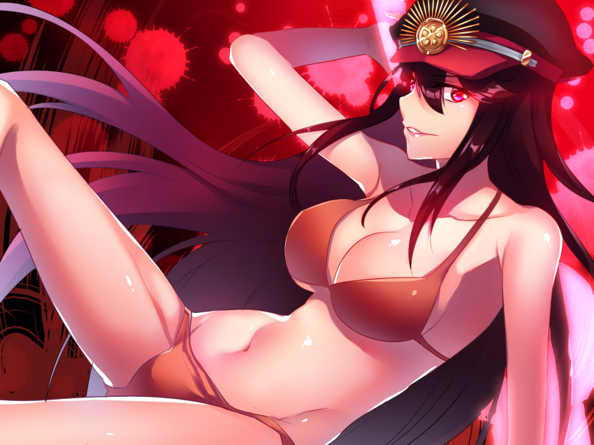 aburai_yui bare_shoulders bikini black_hair blood breasts fate/grand_order fate_(series) glowing glowing_eyes hat highres large_breasts long_hair looking_at_viewer navel oda_nobunaga_(fate) oda_nobunaga_(swimsuit_berserker)_(fate) red_eyes smile solo swimsuit