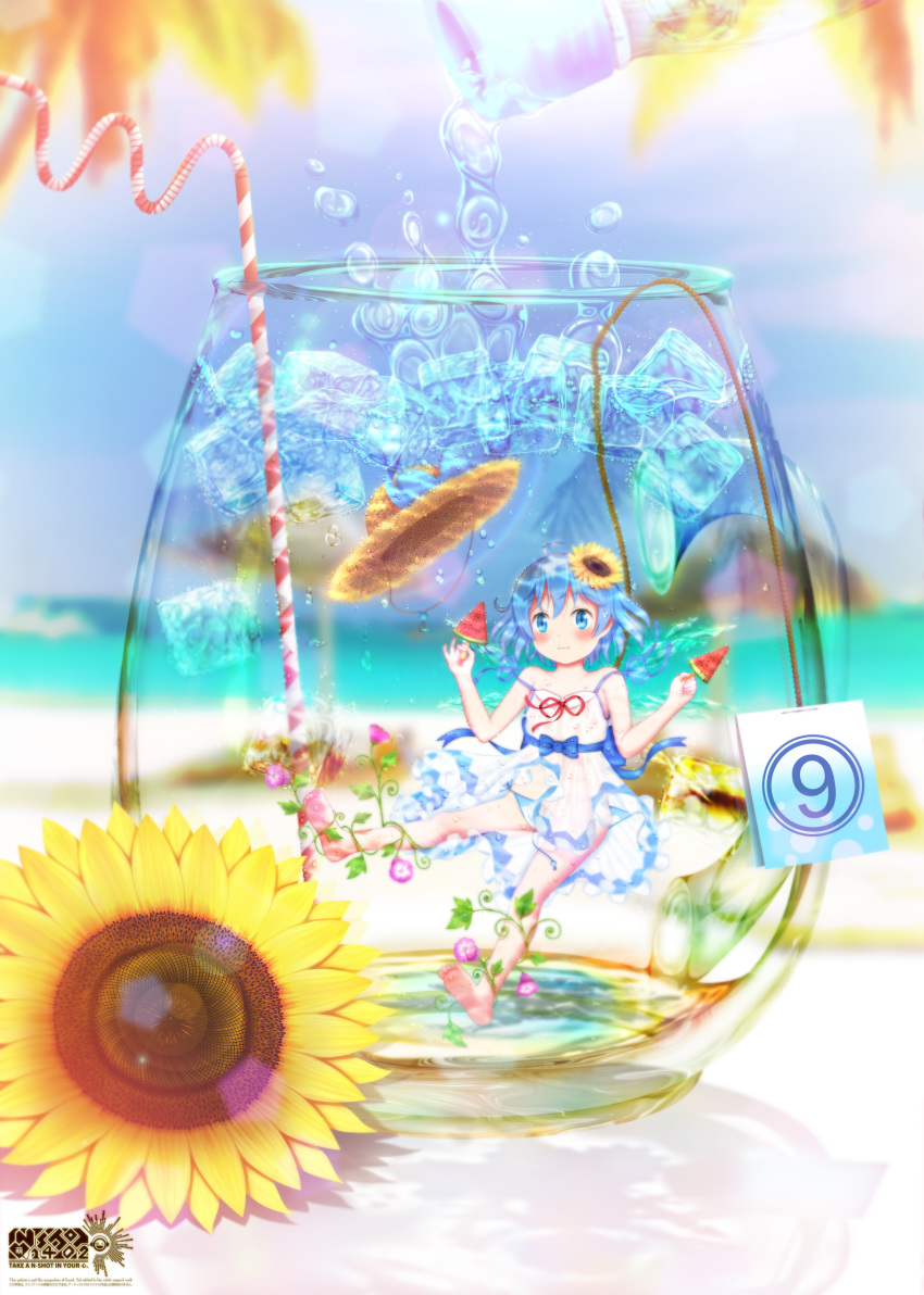 1girl absurdres air_bubble artist_name bad_id bad_pixiv_id bare_shoulders barefoot bendy_straw blue_bow blue_eyes blue_hair blue_panties blue_ribbon blush bow bubble cirno closed_mouth collarbone cup drinking_glass drinking_straw eyebrows_visible_through_hair flower food hair_flower hair_ornament hat hat_bow highres ice ice_cube looking_at_viewer nshot1402 outdoors panties popsicle ramune ribbon short_hair solo straw_hat summer sunflower sunflower_hair_ornament touhou underwear watermelon_bar