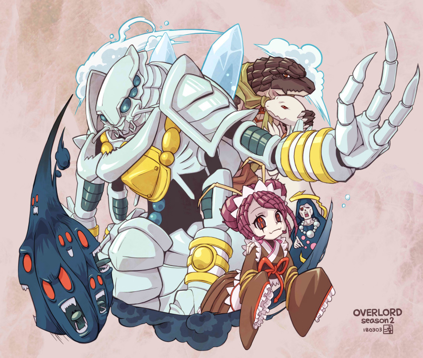 cocytus_(overlord) commentary_request copyright_name crusch_lulu double_bun entoma_vasilissa_zeta extra_arms fang_out fangs fangs_out fewer_digits highres japanese_clothes joshua2368 kimono lich lizard long_sleeves looking_at_viewer maid maid_headdress multiple_pupils obi outstretched_arms overlord_(maruyama) red_hair sash short_hair sleeves_past_fingers sleeves_past_wrists spread_arms zaryusu_shasha