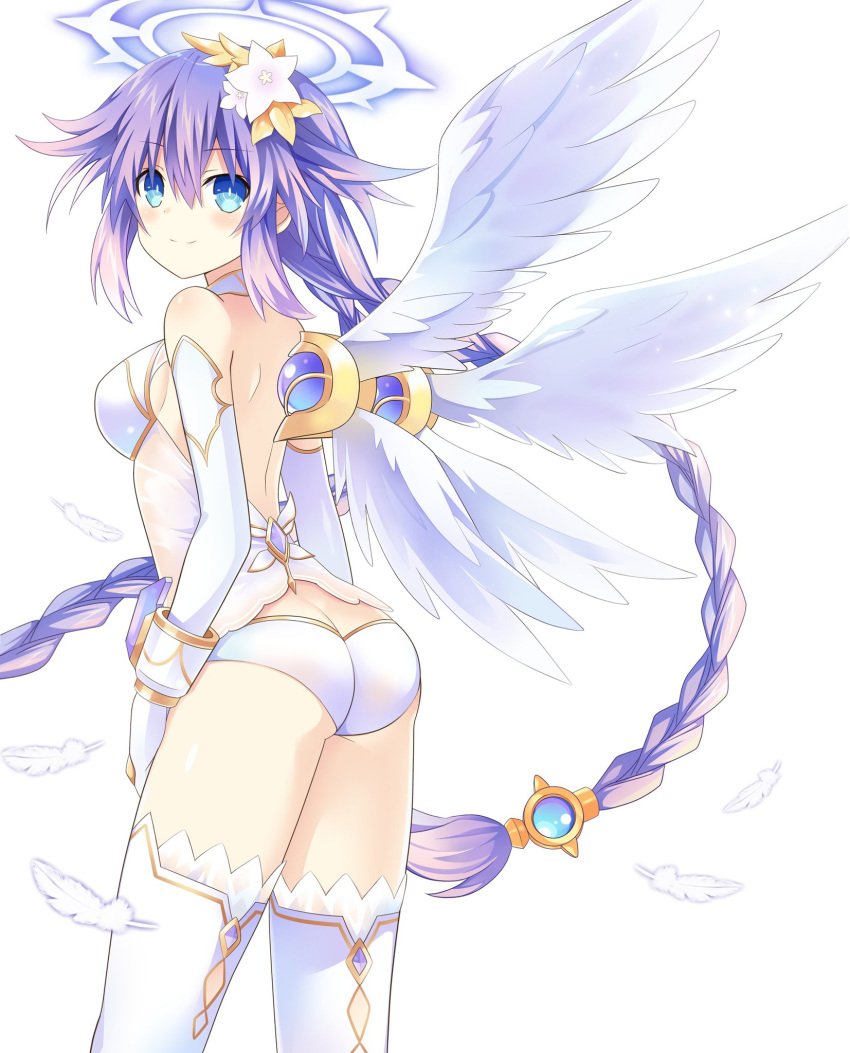 ass bare_shoulders blue_eyes blush braid breasts butt_crack feathered_wings flower four_goddesses_online:_cyber_dimension_neptune from_behind gold_trim hair_flower hair_ornament halo highres leotard long_hair looking_at_viewer looking_back medium_breasts neptune_(series) power_symbol purple_hair purple_heart simple_background smile solo symbol-shaped_pupils thighhighs twin_braids twintails very_long_hair white_background white_legwear white_leotard white_wings wings zero_(ray_0805)