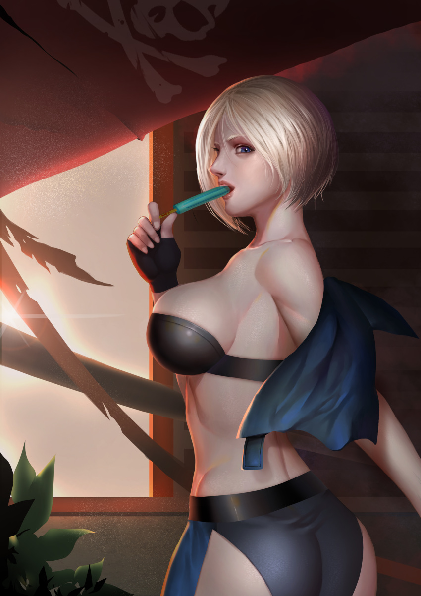 absurdres angel_(kof) ass bare_shoulders black_panties blue_eyes breasts chaps cropped_jacket eyelashes fingerless_gloves food food_in_mouth gloves highres jacket large_breasts lips looking_at_viewer looking_back midriff nose off_shoulder open_clothes open_jacket oroo panties popsicle sideboob silver_hair solo the_king_of_fighters toned underwear