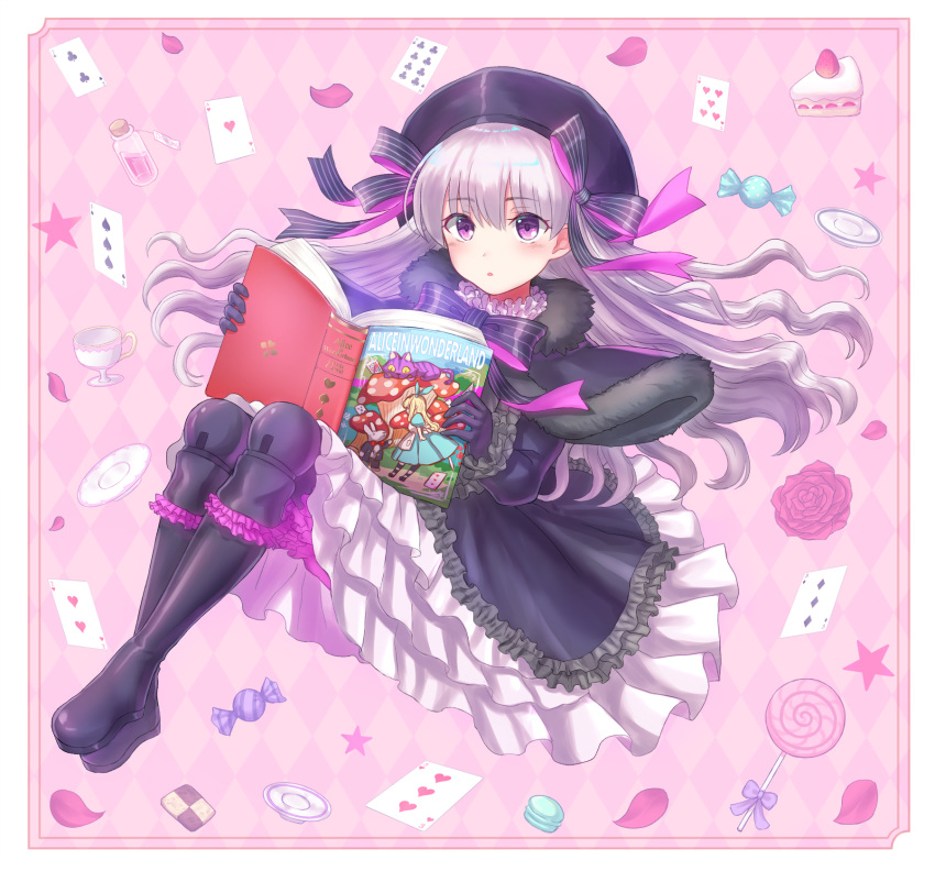 alice_(wonderland) alice_in_wonderland bad_revision black_bow black_footwear black_hat blush book boots bow candy card cheshire_cat downscaled_revision eyebrows_visible_through_hair fate/grand_order fate_(series) food full_body grey_hair hair_bow hat highres holding holding_book lollipop long_hair looking_at_viewer md5_mismatch nursery_rhyme_(fate/extra) open_book parted_lips petals playing_card purple_eyes seungju_lee solo star white_rabbit